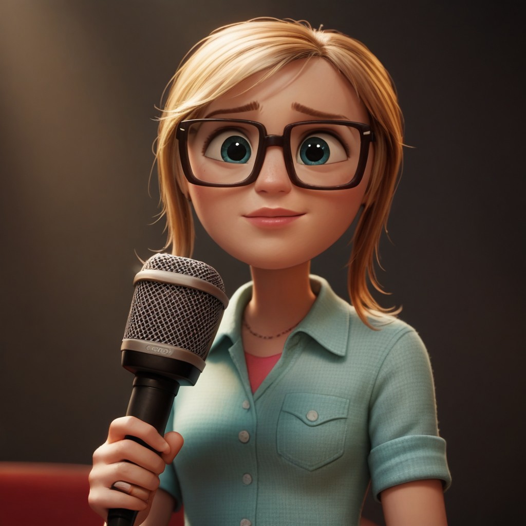 score_9, score_8, score_7, score_6, 1girl, SamSpark, portrait, blond hair, glasses, holding a News microphone