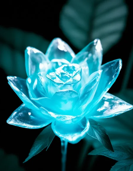 <lora:illustriousXLv01_stabilizer_v1.164:0.4>a ice rose,close-up,light particles,transparent,leaf,dark,Iridescent light,masterpiece,depth of field,