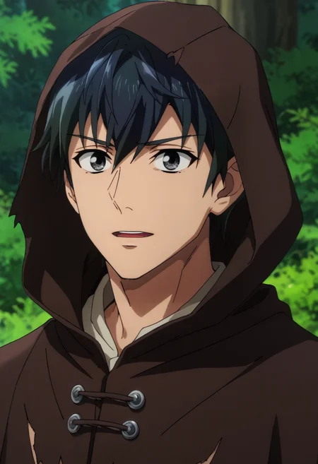 score_9, score_8_up, score_7_up,source_anime,BREAK, rating_safe, intricate details , , , anime screencap, anime coloring, depth of field, , , 1boy, solo, male focus , , , <lora:Herrman:0.83>, desir herrman,black hair,black eyes,short hair,multicolored hair,long sleeves, upper body, hood, torn clothes,short cloak, hood up, robe,upper teeth, brown cloak ,hooded cloak , , ,  <lora:sdxl_lightning_8step_lora_315544:1>