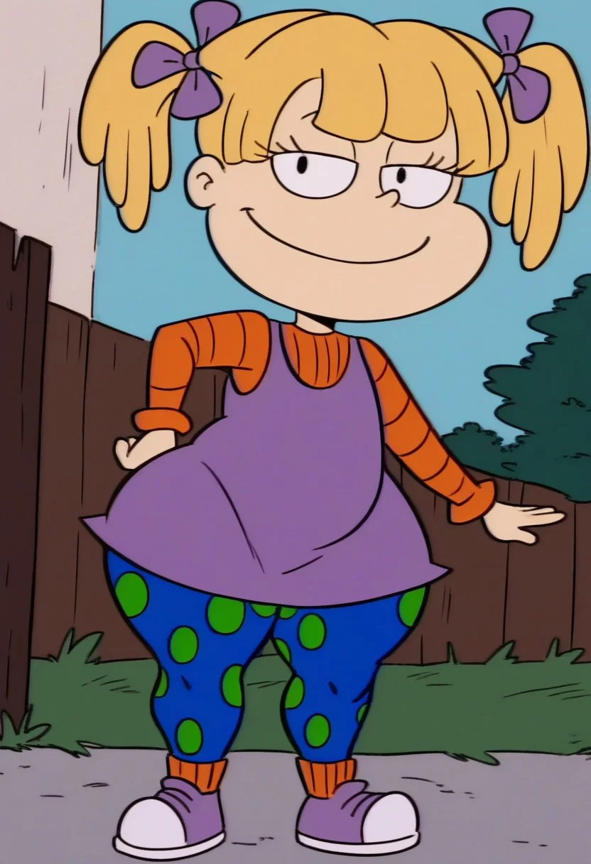 score_9, score_8_up, score_7_up BREAK AngelicaP, 1girl, blonde hair, black eyes, pigtails, purple bows, sleeveless purple dress, orange long-sleeved shirt, blue green polka dot leggings, orange socks, purple white shoes, full body, looking at viewer, smirk, cartoon, source_cartoon, SB99 style, wide hips, thick thighs, huge ass, fat ass, bottomheavy