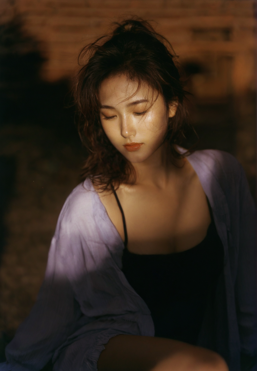 chinese women,tan lines,deep photo,depth of field,Superia 400,shadows,(((vagina visible))),messy hair,perfect face and body,dark,nighttime,dark photo,grainy,seductive smirk,((eyes closed)),