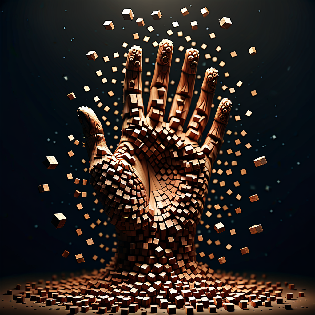 pixel-art cinematic film still professional 3d model “A surreal wooden hand, suspended in space, unravels into a spiraling vortex of interlocking cubes. The fingers stretch outward, their forms breaking down into a swirling helix of geometric fragments, as if being drawn into or released from an unseen force. Each cube, polished and finely textured, interconnects in a cascading spiral, creating an intricate pathway of transformation that defies gravity. The hand is both creator and creation, its form dissolving into an abstract whirlpool of wooden voxels. The scene is captured in stunning detail with octane render, featuring dramatic, volumetric lighting that casts intricate shadows across the twisting shapes. The shallow depth of field and subtle bokeh effect lend a sense of depth and focus to the hand’s dynamic disintegration. The surrounding environment is ethereal and minimal, with a moody, cinematic atmosphere enhanced by film grain and a soft vignette, evoking a sense of awe and mystery in this otherworldly dance of form and void.” . octane render, highly detailed, volumetric, dramatic lighting . shallow depth of field, vignette, highly detailed, high budget, bokeh, cinemascope, moody, epic, gorgeous, film grain, grainy . low-res, blocky, pixel art style, 8-bit graphics