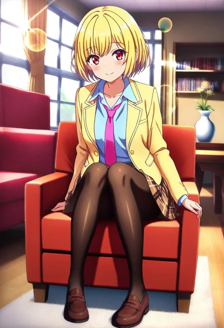 masterpiece, best quality,amazing quality,(1girl), solo,(depth of field),(solo focus),8K,HDR,(ultra high res),(highres),(full body),(lens flare),smile,blush,(karin istel),bangs,(blonde hair),(short hair),(red eyes),(collarbone),skindentation,(school uniform),(yellow jacket),(open jacket),(blazer),(pink necktie),(collared shirt),(blue shirt),(long sleeves),(brown skirt),(pleated skirt),(plaid skirt).(black pantyhose),(brown footwear),(loafers),(sitting on chair),(indoors),(looking at viewer),(room),(curtain),(table),(couch),(carpet),(shelf),(vase),(window),karin istel
