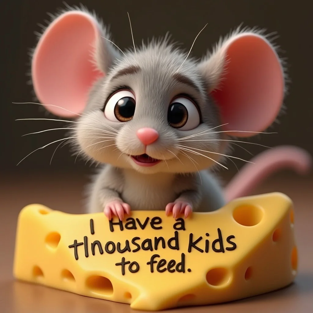View from above, tear up, watery eyes, hyper realistic, cartoon 3d realistic, detailed fur, mouse looking up, begging eyes, extremely cute and almost crying mouse, the most cute mouse in the universe, meme mouse, ‘Let me Buzz it for you', the mouse is beginning for more Buzz, he's holding a piece of cheese written on the bite holes of the cheese: I have a thousand kids to feed. The phase is written by his bite marks on the cheese
(Focus on text),