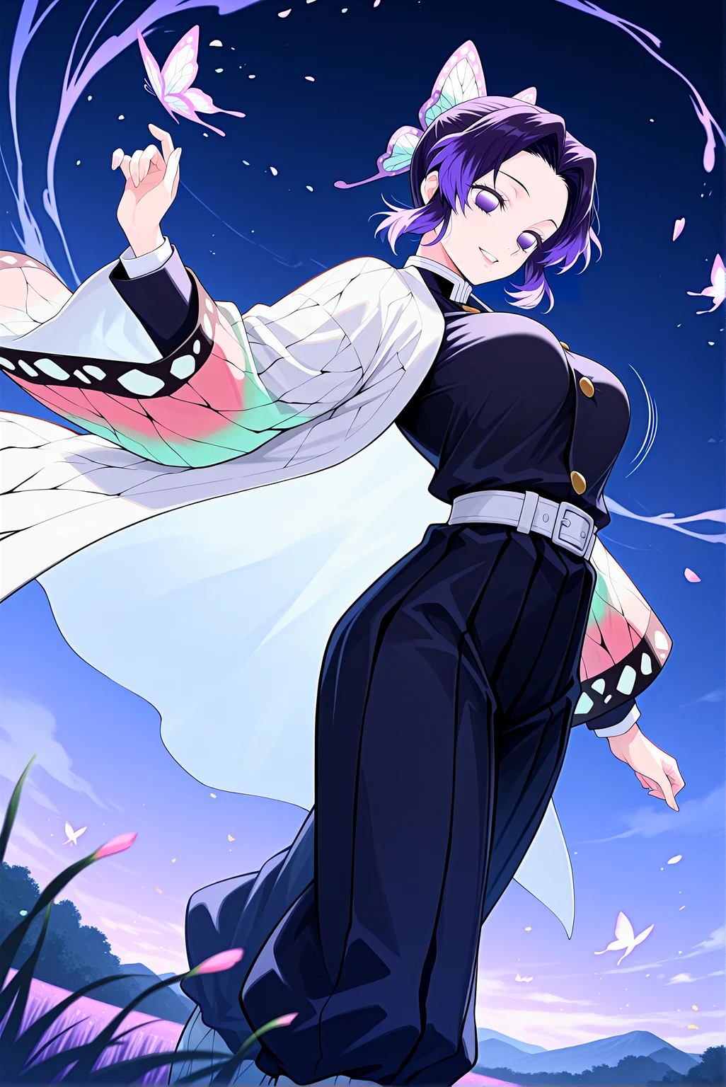 beautiful detailed eyes, masterpiece, best quality, intricate details, absurdres, 1girl, solo,
<lora:P-IL-ShinobuKocho:1>, sh1n0bu, 1girl, solo, purple hair, short hair, purple eyes, smile, butterfly hair ornament, hair ornament,
demon slayer uniform, japanese clothes, haori, long sleeves, pants, white belt, belt,
medium breasts, lower lips, beutifull lips, smile, no pupils,
standing, posing sexy,
((breasts in motion)), dynamic pose, intense movement, action shot, motion blur, (bouncy:1.3), (bouncing breasts:1.2), tight outfit, dramatic perspective,
serene meadow, vibrant weeping willow, cascading branches, fluttering butterflies, soft sunlight filtering through leaves, colorful petals scattered, gentle stream nearby, tranquil atmosphere, lush greenery, ethereal glow