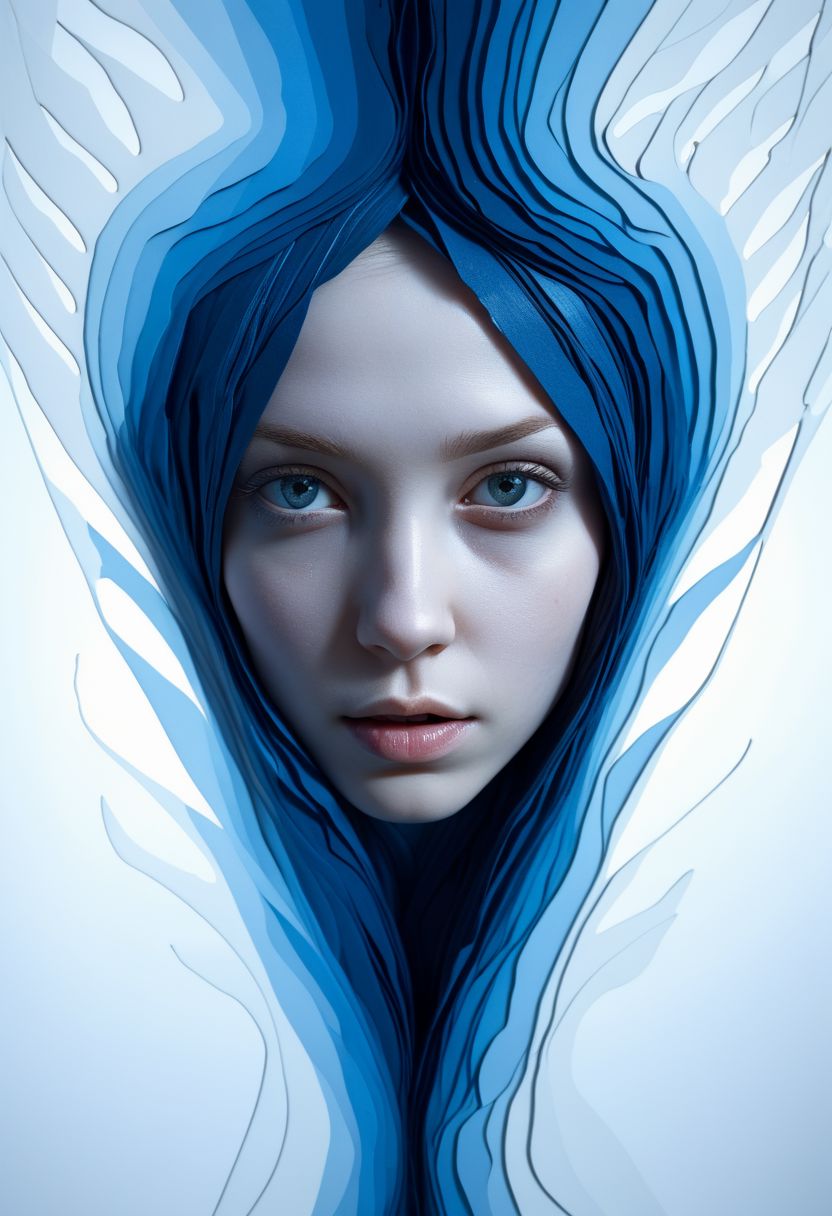 mysterious face, an exotic girl in artsy clothing, fading backlit background, (deep sea fading white to deep blue layered papercut background), alluring goddess, by Minjae Lee, Carne Griffiths, Emily Kell, Steve McCurry, Geoffroy Thoorens, Aaron Horkey, Jordan Grimmer, Greg Rutkowski, amazing depth, double exposure, surreal, geometric patterns, intricately detailed, bokeh,  perfect balanced, deep fine borders, artistic photorealism , smooth,  great masterwork by Suiras  <lora:add-detail-xl:2>  <lora:Double_Exposure:0.5>