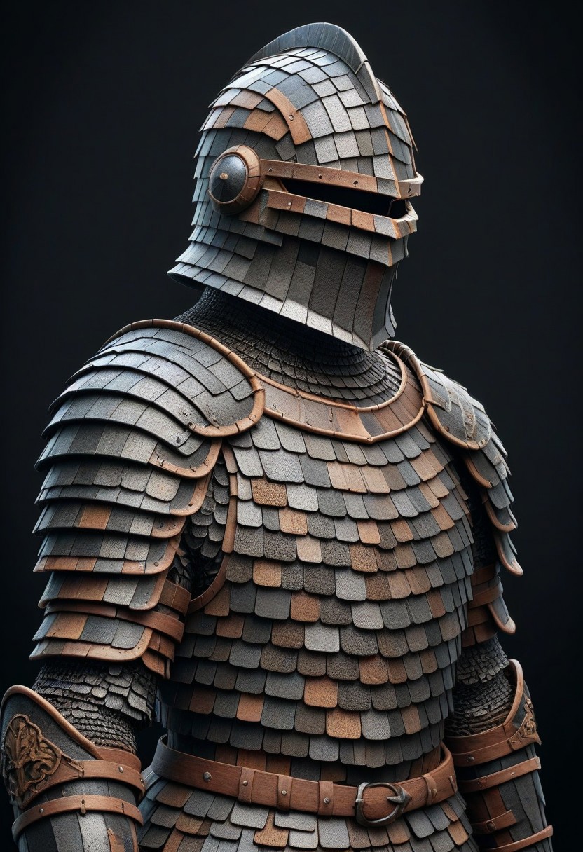 detailed, realistic, 8k uhd, high quality, masterpiece, mad-shingles, knight, knight armor made of shingles, helmet, black background