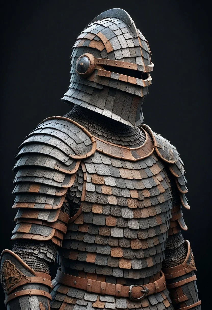 detailed, realistic, 8k uhd, high quality, masterpiece, mad-shingles, knight, knight armor made of shingles, helmet, black background