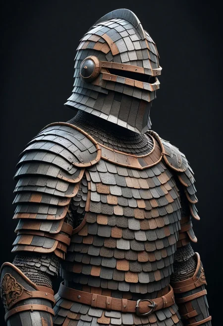 detailed, realistic, 8k uhd, high quality, masterpiece, mad-shingles, knight, knight armor made of shingles, helmet, black background