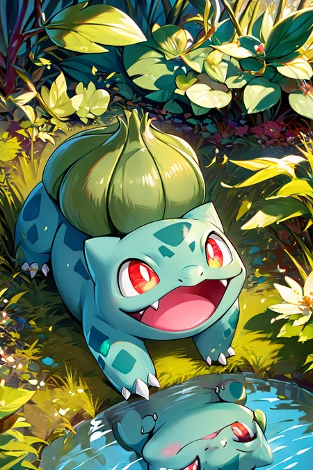 score_9, score_8_up, score_8, ,,, zzBulbasaur, open mouth, red eyes, outdoors, day, water, blurry, leaf, fangs, grass, bright pupils, claws, white pupils, vines, <lora:BulbasaurPokedexPDXL:1.0>, ,,, embedding:zPDXL, Expressiveh, <lora:CatalystStylePDXL:0.6>, <lora:SDXLFaeTastic2400:0.5>, <lora:Expressive_H-000001:0.4>,