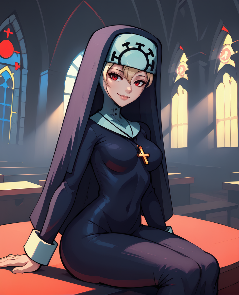 Double, light smile, red eyes, 
sitting, skin tight, 
blue habit,cross necklace,long sleeves,nun,
church, red lighting,  dim lighting, 
<lora:Double:0.9>,