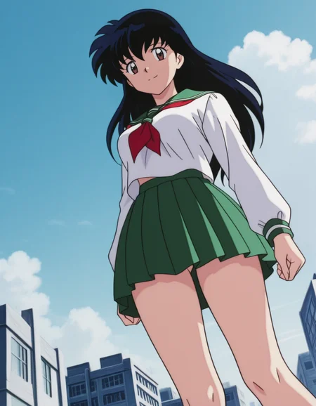 official style,Higurshi kagome (2000s anime analog),retro artstyle,black hair,long hair,bangs,brown eyes,school uniform,serafuku,green sailor collar,red neckerchief,white shirt,green pleated skirt,1girl,
(from below:2.5),
looking at viewer,
medium large breasts,
perky breasts,explicit,hair between eyes,(bold:3.12),thick outline,black outline,harsh lines,soft lines,deluster,boldline,curvy,slim,(hat:-1),
light smile,
dutch angle,(anime screencap),(anime coloring:1.2),anime screenshot, animated painting, animated gif,2d cel anime,anime cap,anime,anime style,anime cel,Cel shading,cel shaded,soft brightness,perfect face,perfect nose, perfect hair, perfect eyes,perfect female body,perfect skin,a face of perfect proportion,perfect lighting,perfect anatomy,perfect proportion,perfect hands,perfect legs,perfect fingers,masterpiece,super fine illustration,best quality,very aesthetic,absurdres,16k,intricate detail,amazing quality,detailed linework,vibrant colors,kawaii,flat color,city,day,sky,cloud,
<lora:ç¬å¤åæ¥æ®ããã2000年代ã¢ãã¡ã¢ããã°ä½ç»é¢¨illustriousInuyashaHigurashi_Kagome2000s_anime_analog_painting_Styleillustrious:1:0.8>