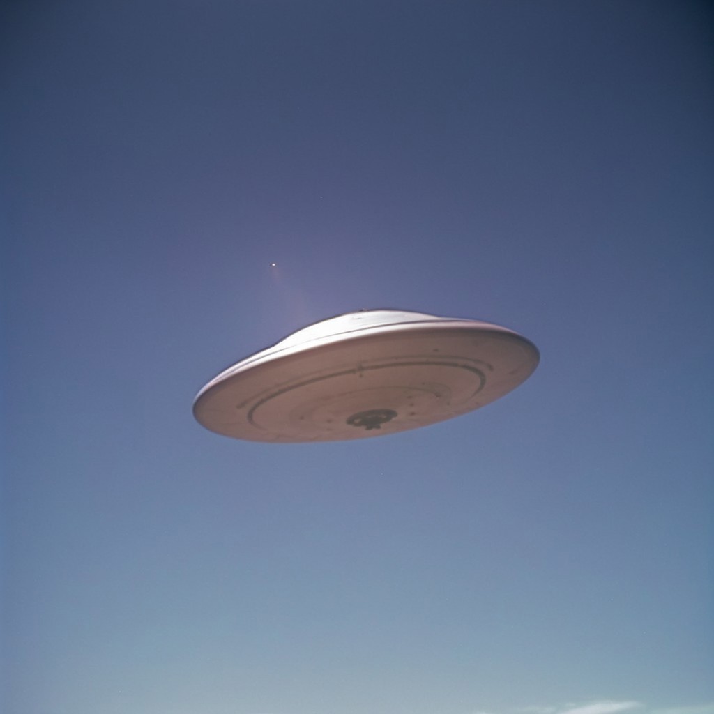 (olddigitalcamera, raw, light leak, film grain, jpeg artifacts, low res, low quality):2, distant UFO, flying saucer, hovering in the sky, far away