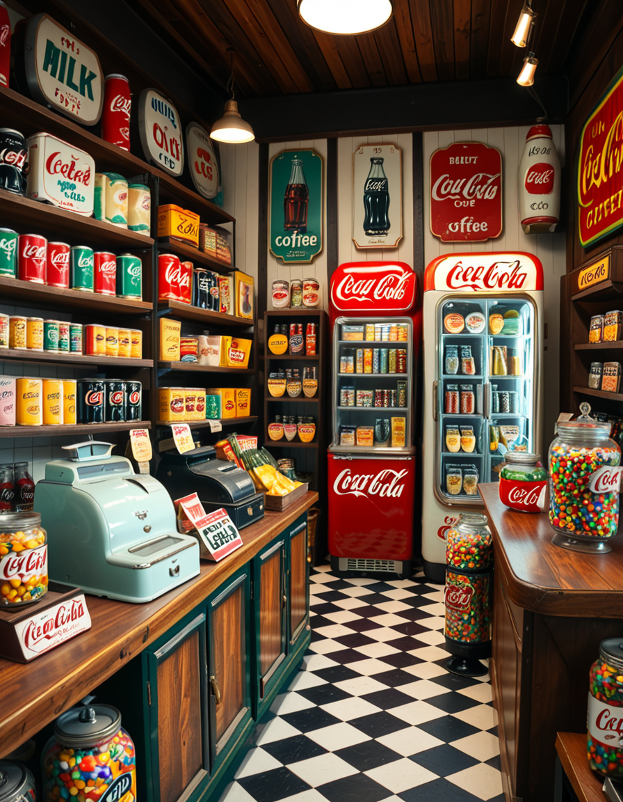 A vintage 1950s grocery store filled with nostalgic details. Wooden shelves neatly stocked with classic canned goods, glass soda bottles, and colorful retro packaging. An old-fashioned cash register sits on the wooden counter, next to a small scale for weighing produce. The checkered black-and-white tile floor adds to the mid-century charm, while hand-painted signs on the walls advertise milk, bread, and coffee in bold, retro fonts. A display of penny candy in glass jars sits near the entrance, and a vintage Coca-Cola refrigerator hums in the background. Soft, warm lighting casts a nostalgic glow over the scene, enhancing the rich textures of wood, glass, and metal, capturing the essence of a bygone era.
<lora:SDXLFaeTastic2400:0.4> <lora:extremely_detailed:0.4> extremely detailed
 <lora:1950s_grocery_st0r3:1>,1950s grocery st0r3, Masterpiece,best quality,hi res,8k,hi res,8k,award winning,(sharp focus, intricate, highly detailed),