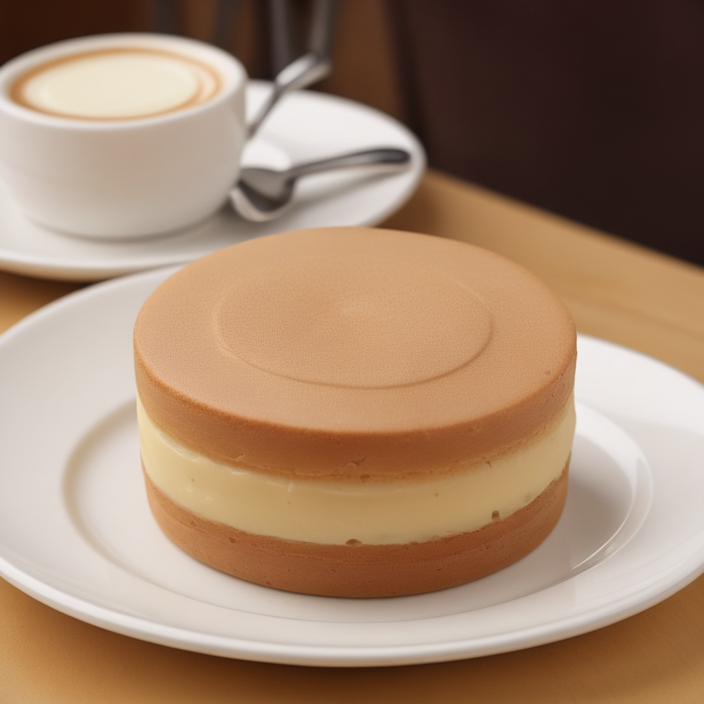 A photorealistic image of a 'ufocake' placed on a plate in a luxurious coffee shop setting. The cake should be freshly cut, revealing a rich, gooey creamy center that has a gelatinous consistency. The ambiance of the coffee shop should exude elegance, with soft lighting, plush seating, and sophisticated decor. The plate holding the 'ufocake' should be finely crafted, complementing the lavishness of the dessert. The cross-section of the cake should be prominently displayed, showcasing the thick and sticky texture of the filling,<lora:ufocake:0.65>,((ufocake open))
