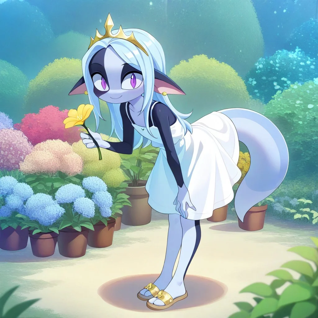 wisp, 1girl,solo,white hair,,pointy ears,,colored skin,furry,source_furry,
tail,
masterpiece, child, kid, 
masterpiece, best quality,  long hair, sidelocks,  gold tiara, earrings, sundress, spaghetti straps, leaning forward, sandals, looking at viewer,, smile, holding flowers, garden, flower pot