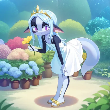 wisp, 1girl,solo,white hair,,pointy ears,,colored skin,furry,source_furry,
tail,
masterpiece, child, kid,
masterpiece, best quality, long hair, sidelocks, gold tiara, earrings, sundress, spaghetti straps, leaning forward, sandals, looking at viewer,, smile, holding flowers, garden, flower pot