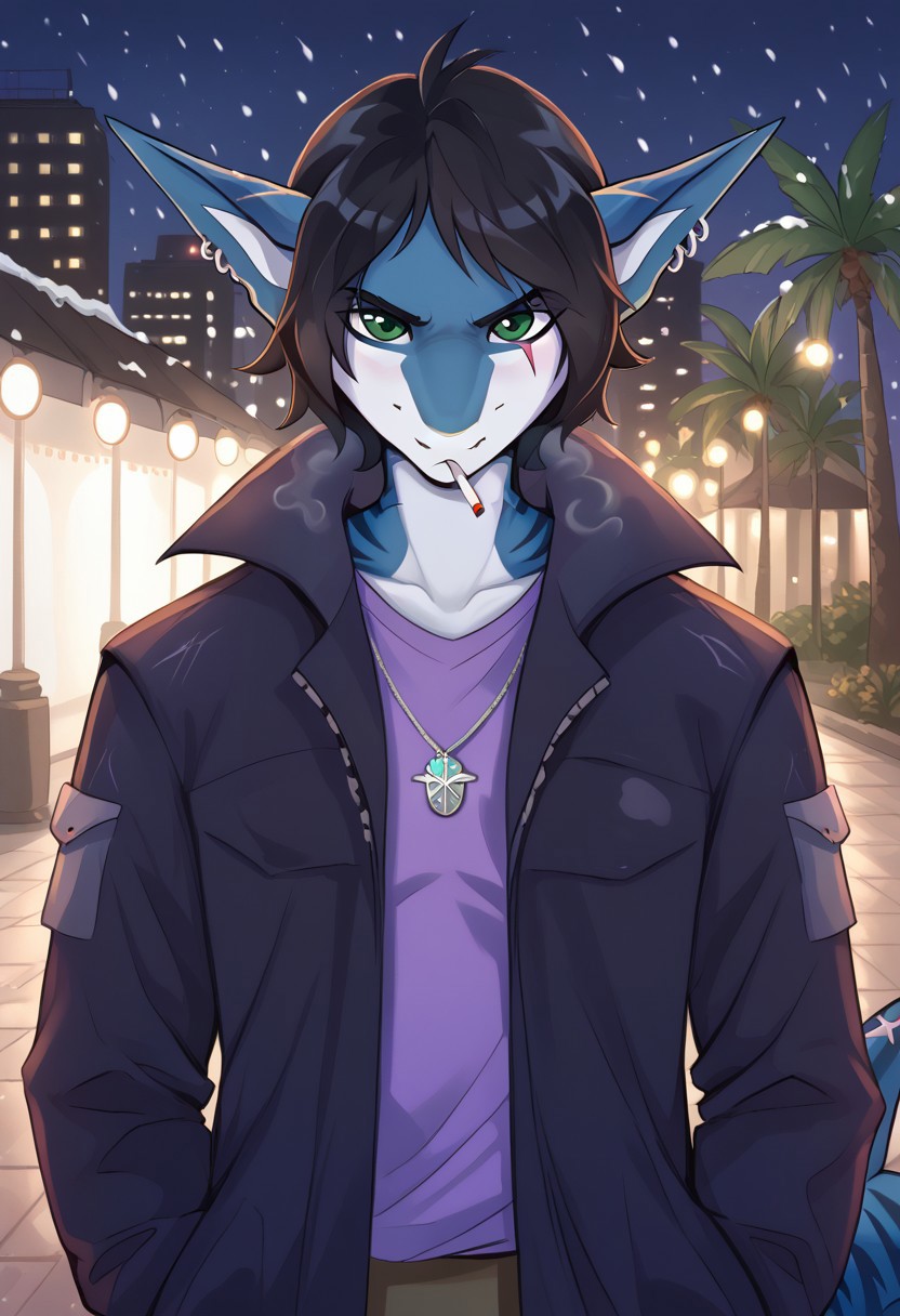 <lora:Scappo_Style_v2_PonyXL:0.8> by scappo, scappo,  score_9, score_8_up, score_7_up,1boy, lunarsunxl,  anthro shark,dark blue skin, stripes on the body, short hair,lush hair,black hair, green eyes, shark tail, scar on the fin, ear piercing, BREAK, looks at the viewer, confused, stretches out hand to viewer, open palm, shell pendant in palm, cigarette in his mouth, lights a cigarette with a lighter, purple T-shirt, long black coat, background, park in winter, night, it's snowing