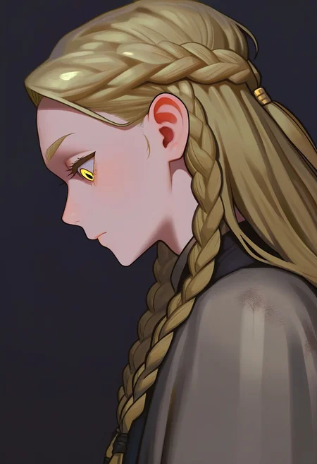 masterpiece, best quality, very aesthetic, high resolution, ultra-detailed, absurdres, newest, extremely detailed eyes, beautiful, perfect lighting, hi res, amazing quality, very awa, pvdc_il, PVDC_STL, sketch style, dirty style, pastel style, braid, long hair, male focus, 1boy, upper body, multiple braids, black background, profile, yellow eyes, from side, blonde hair, androgynous, closed mouth, looking down, eyelashes