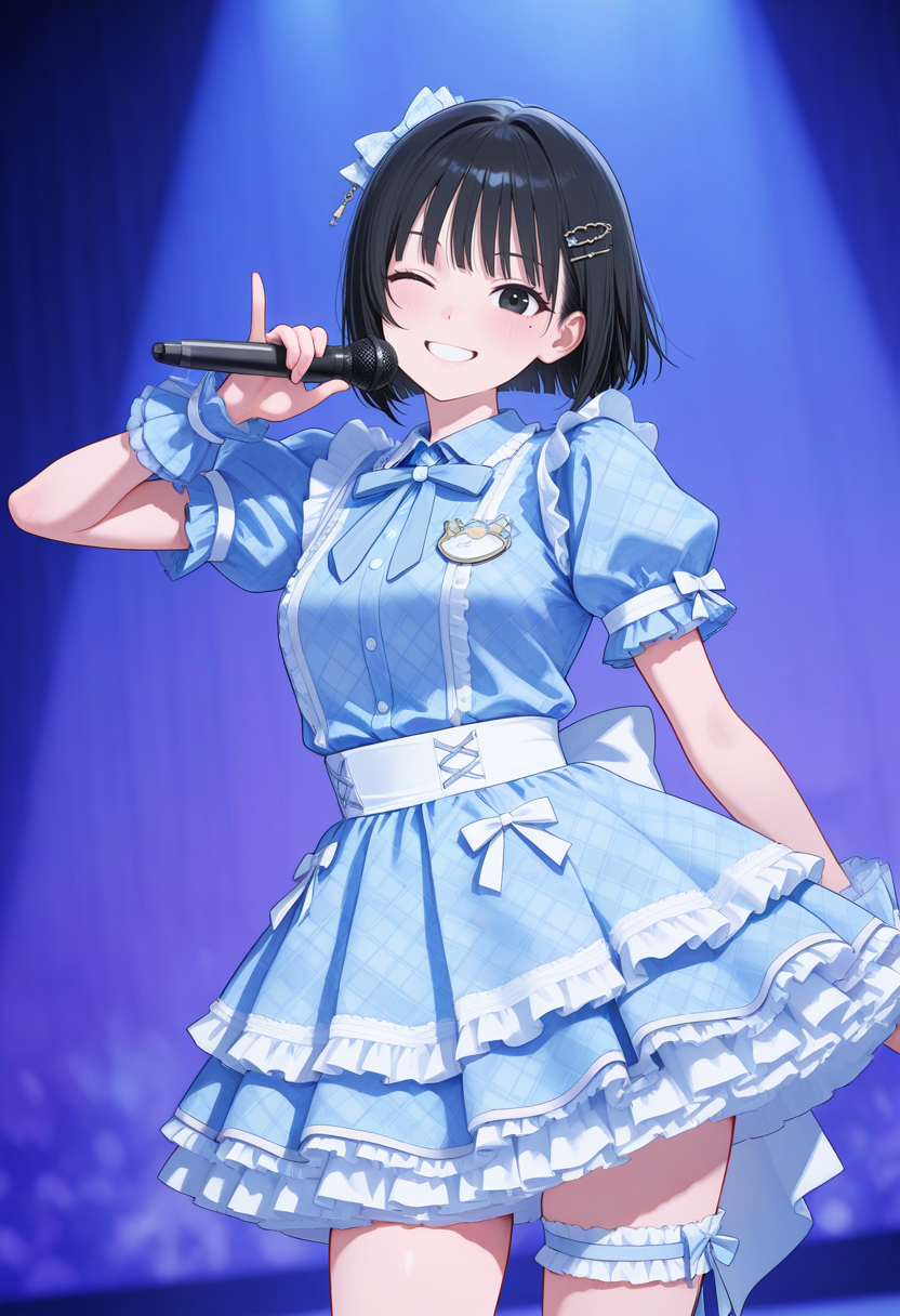 masterpiece,best quality,amazing quality, very aesthetic, ((outlined outlined vector graphics)), cute face, (glow eyes:0.5) ,  looking at viewer, cowboy shot,
1girl,20yo, black hair, black eyes, short bob hair, hair pin,mdeium  breast, slender,(white thigh strap:1.1),
blue clothes, (focus female), smile,action pose  , (clothed:1.1),
idol, idol outfit, japanese-idol-outfit, clothed, frilled dress,, idol stage,microphone ,wink, ,
,  <lora:idol-outfit-il-20:1.0>
