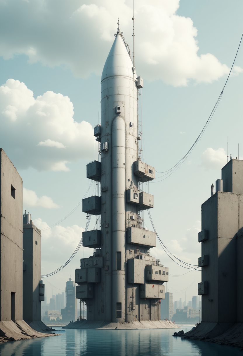 YFG-SpyWorld50s The image is a digital illustration of a futuristic space station. The main focus of the image is the large, cylindrical structure in the center, which appears to be a large, white rocket with a pointed nose and a pointed tail. The rocket is surrounded by multiple smaller structures, all of which are connected by wires and cables. The structures are made of concrete and appear to be old and dilapidated. On the left and right sides of the structure, there are two large concrete structures that are partially submerged in the water. In the background, there is a large plume of white smoke or steam rising up into the sky. The sky is a pale blue color, and there are a few buildings and structures visible in the distance. The overall mood of the illustration is one of decay and neglect.