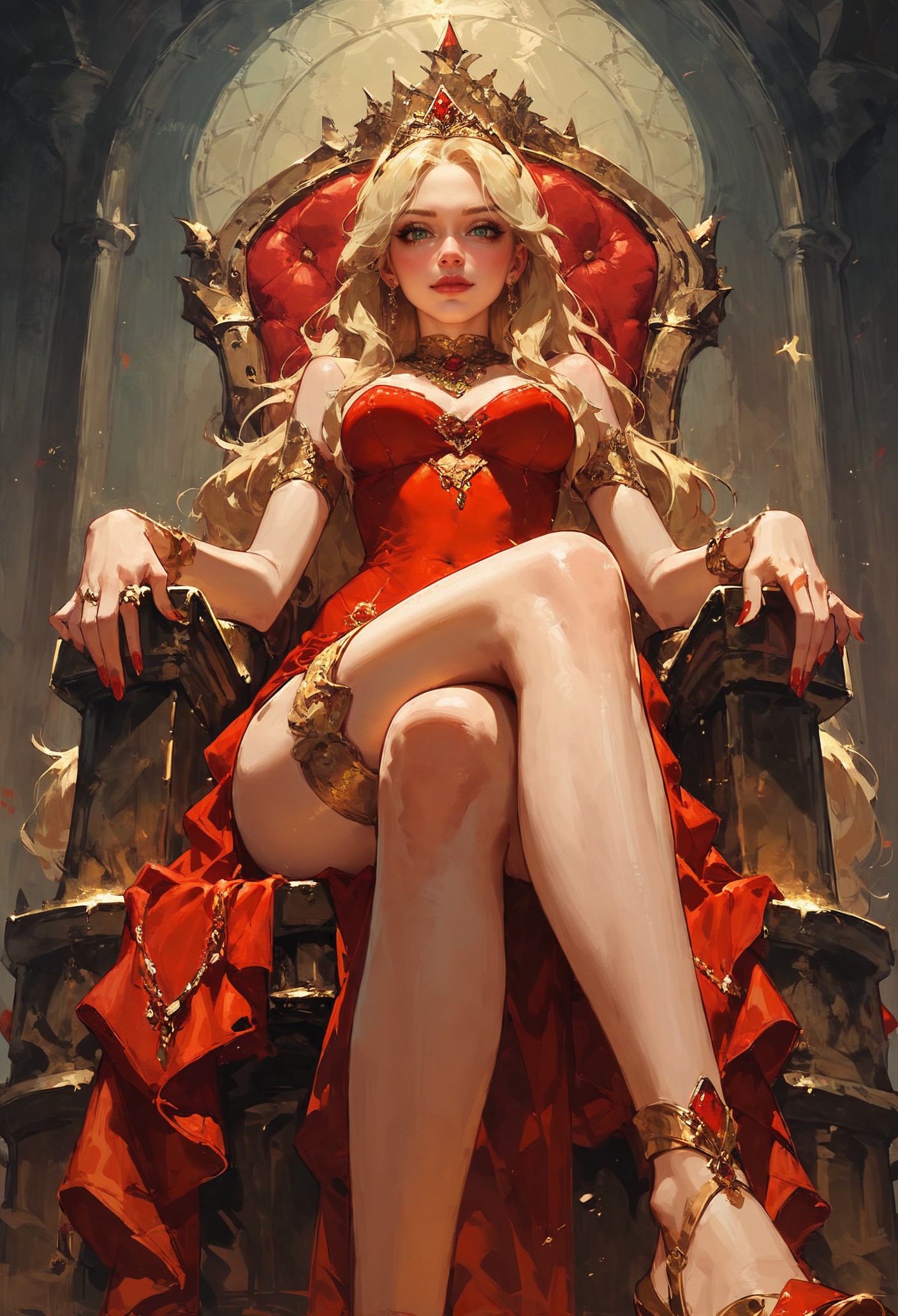 (score_9, score_8_up:1.1), score_7_up, 1girl, petite, blonde hair, long hair,  sitting on a golden throne, red royal dress, red royal miniskirt, thighs, crossed legs, from below, air of superiority, throne room, golden tiara, nail polish, red fingernails  <lora:sdxl\vixon_pony_oil:0.7> <lora:sdxl\Concept Art Eclipse Style LoRA_Pony XL v6:0.5>