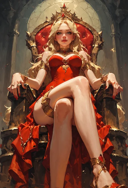 (score_9, score_8_up:1.1), score_7_up, 1girl, petite, blonde hair, long hair, sitting on a golden throne, red royal dress, red royal miniskirt, thighs, crossed legs, from below, air of superiority, throne room, golden tiara, nail polish, red fingernails <lora:sdxl\vixon_pony_oil:0.7> <lora:sdxl\Concept Art Eclipse Style LoRA_Pony XL v6:0.5>