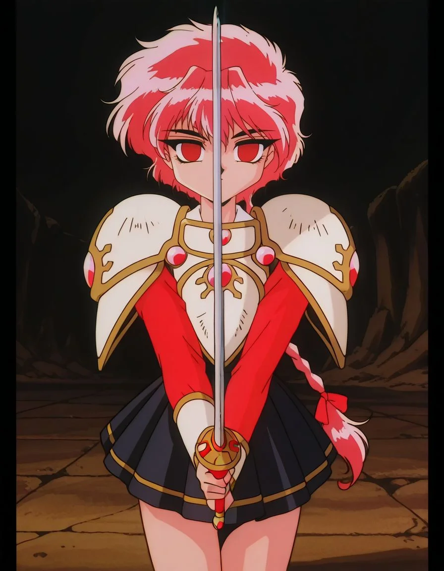 masterpiece, best quality, full body, female focus, solo, empty eyes, mind control, black skirt, holding a rapier, cowboy shot, 
 <lora:Hikaro:1>, hikar0, 1girl, red eyes, black eyes, pink hair, short hair, retro artstyle, single braid, pauldrons,
