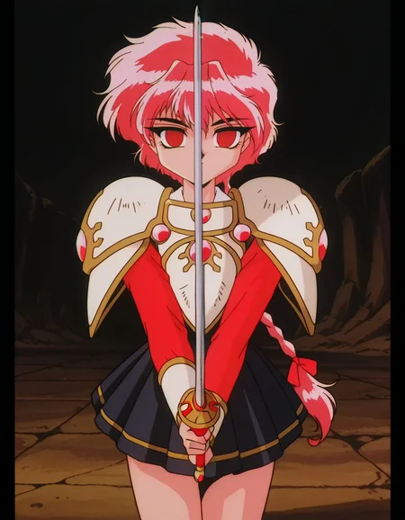 masterpiece, best quality, full body, female focus, solo, empty eyes, mind control, black skirt, holding a rapier, cowboy shot,
<lora:Hikaro:1>, hikar0, 1girl, red eyes, black eyes, pink hair, short hair, retro artstyle, single braid, pauldrons,