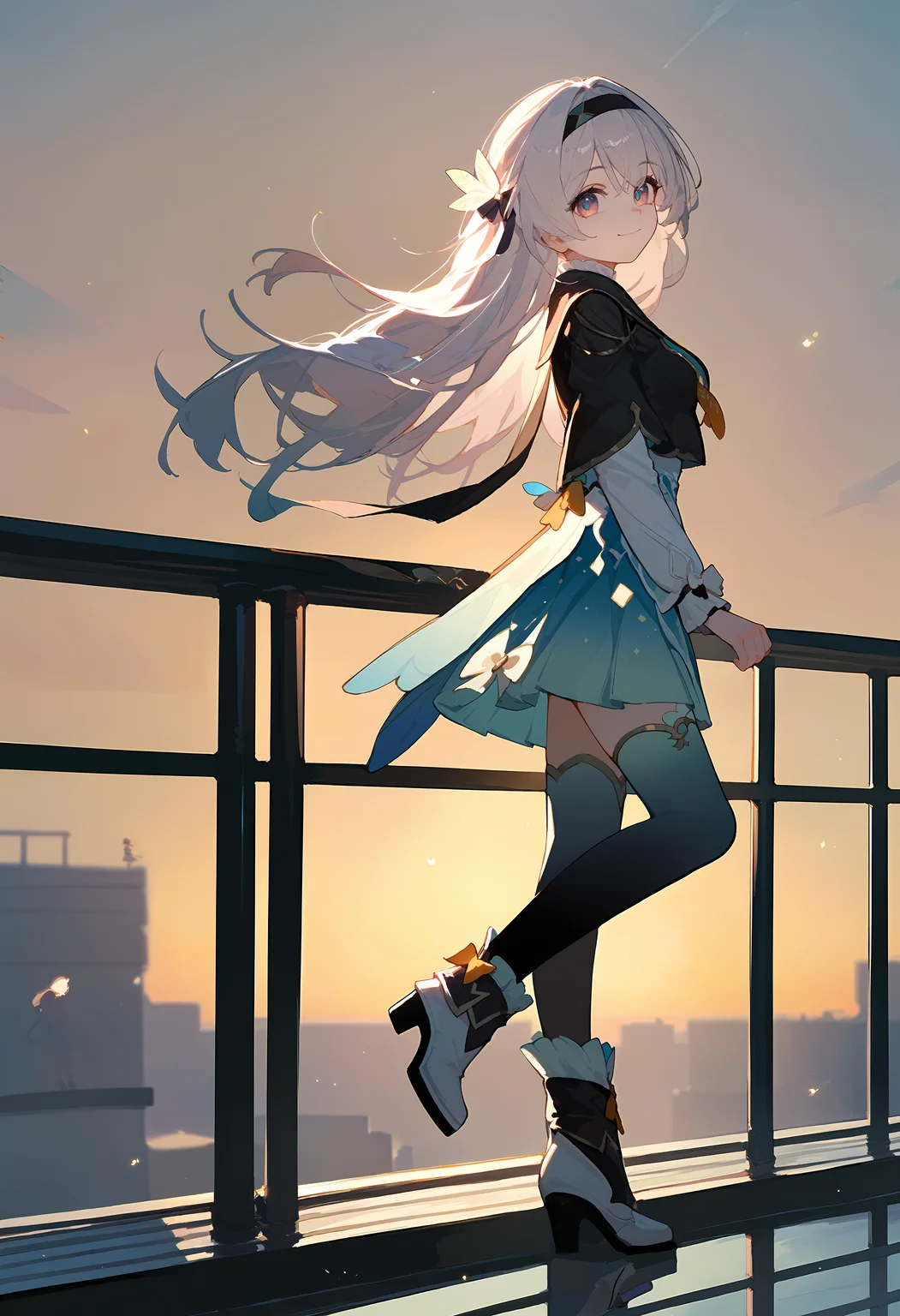 (score_9, score_8_up, score_7_up), 1girl, solo, fireflyhsr, hairband, gradient thighhighs, white boots, standing, from side, smile, closed mouth, railing, sunset, looking at viewer, <lora:firefly-strPO-v2a:0.9>