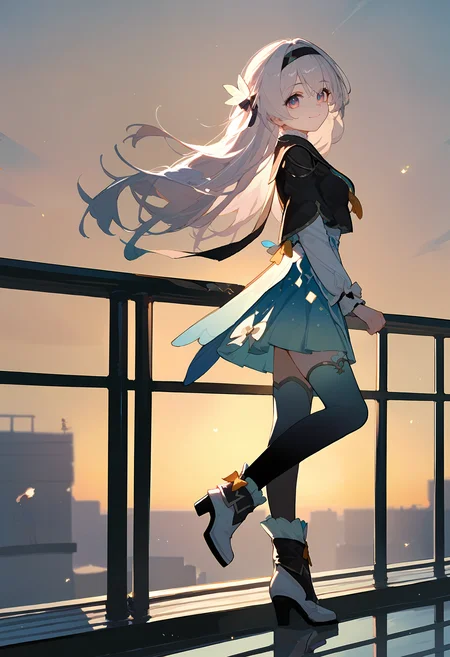 (score_9, score_8_up, score_7_up), 1girl, solo, fireflyhsr, hairband, gradient thighhighs, white boots, standing, from side, smile, closed mouth, railing, sunset, looking at viewer, <lora:firefly-strPO-v2a:0.9>
