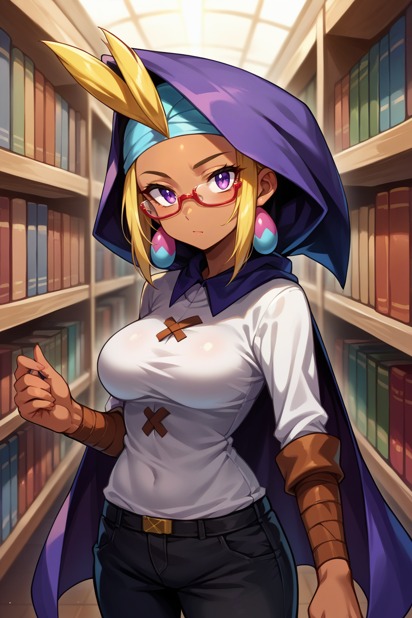 score_9, score_8_up, score_7_up, score_6_up, source_anime BREAK 1girl, solo  <lora:shsky-pdxl-nvwls-v1-000005:1> shSky, blonde hair, antenna hair, dark-skinned female, earrings, bandana, hooded cape, white sweater, turtleneck, black pants, library, glasses, looking at you