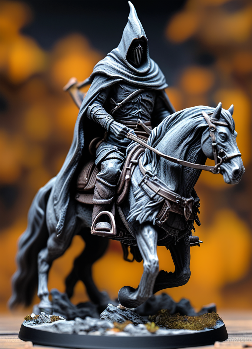 full body shot of tabletop painted miniature of nazgul on a horse, 
studio photo, realistic colors, hdr, 4k, extremely detailed, detailed face and eyes, 
award wining miniature, best quality, stunning photo, masterpiece, great anatomy