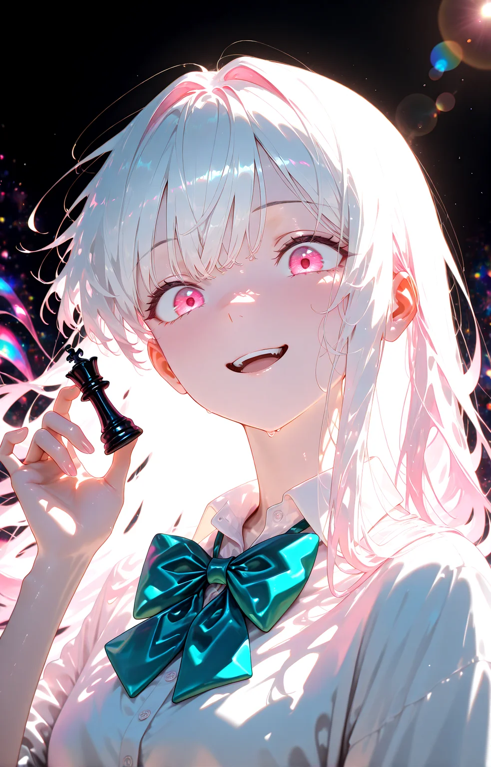 masterpiece, best quality, amazing quality, very aesthetic, absurdres, newest,
floating colorful ,lens flare abstract background
1girl,long hair,facelight,shirt,bowtie white hair , pink eyes
upper body,very close-up,hand up , holding_chess_piece smile open mouth looking down from below
{{best_quality}},{{amazing_quality,very_aesthetic}},
masterpiece, best quality, amazing quality, very aesthetic, absurdres, newest, volumetric lighting,<lora:spo_sdxl_10ep_4k-data_lora_webui:1> <lora:KonyaKarasue-Lokr-NOOBEPS110:1> <lora:holographiccolor:0.75> <lora:USNR STYLE_XL_loha:0.15> <lora:xmc_v0.3_noobai_cwhj:0.715> <lora:VenetianLightingILL:0.75>
