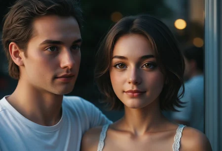 A heartfelt, ultra-detailed reunion between a 1boy and 1girl, both in their late 20s, seeing each other for the first time in years. The moment is filled with deep emotion—joy, nostalgia, and the weight of time.
The woman is petite, with dark short hair, a small waist, and pronounced curves, her expression glowing with happiness yet touched by the quiet wisdom of experience. The man, a bit taller with a slim frame, mirrors her emotions, his face revealing both delight and the burdens of his journey. Their professions remain a mystery, but their postures and subtle details hint at lives filled with responsibility.
Set against a softly blurred, atmospheric backdrop—perhaps a bustling city street, a quiet park, or a familiar café—the world fades behind them as they reconnect. Their gazes lock, emotions conveyed through delicate body language and nuanced facial expressions, capturing the beauty of a long-awaited reunion.
Cinematic lighting, ultra-realistic facial details, emotional storytelling, warm and intimate atmosphere, expressive eyes, natural pose, SFW.