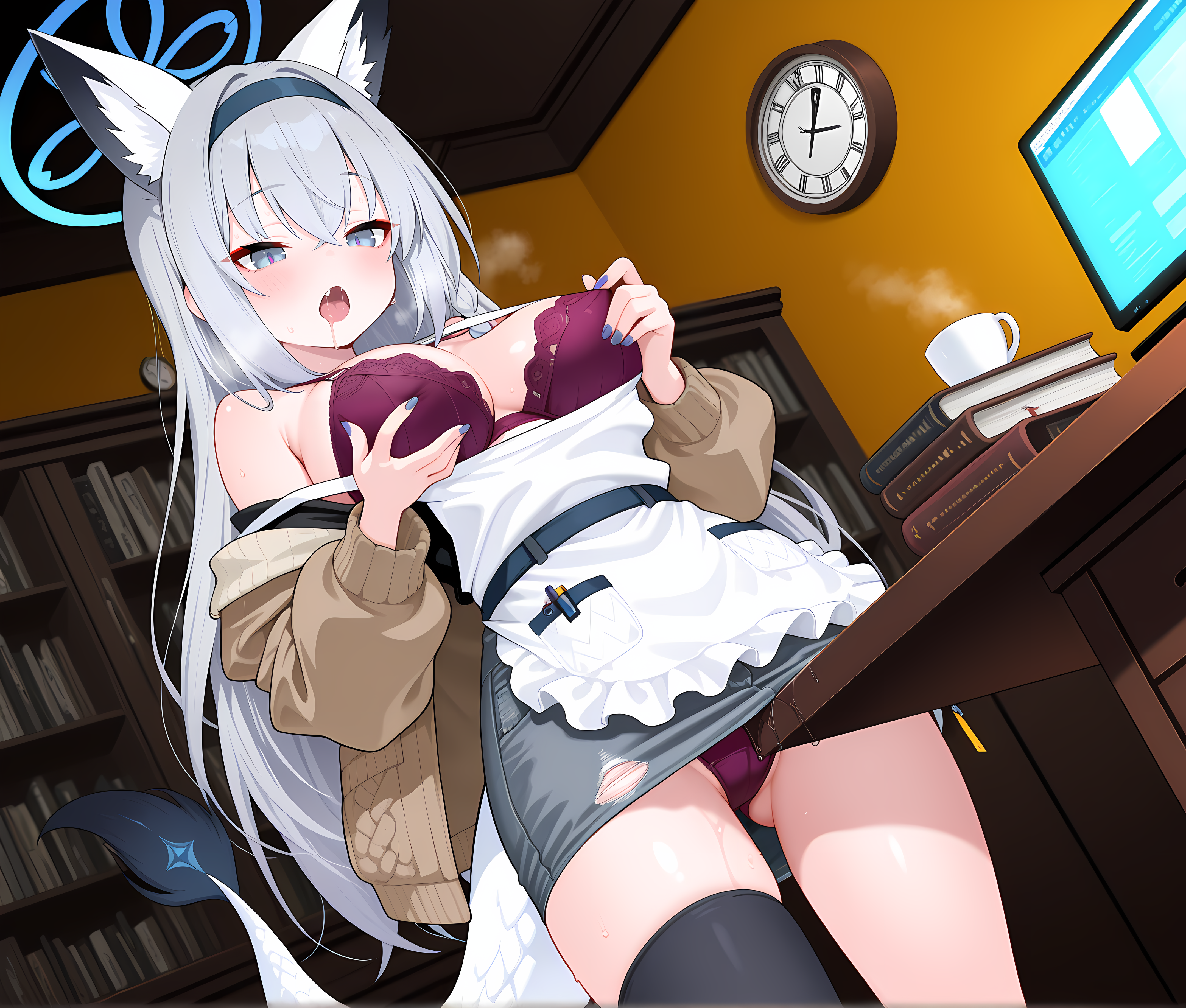 solo,<lora:Table_Masturbation:0.9>,tablegrind,book,leotard,hairband,black thighhighs,dress,dutch angle,single thighhigh,fake animal ears,purple bra,dragon tail,cup,clock,computer,ass visible through thighs,denim skirt,saliva,halo,apron,grey skirt,fox girl,brown jacket,nail polish,tweaking own nipple,, masterpiece,best quality,amazing quality, very aesthetic, absurdres,detailed eyes,ultra-detailed,