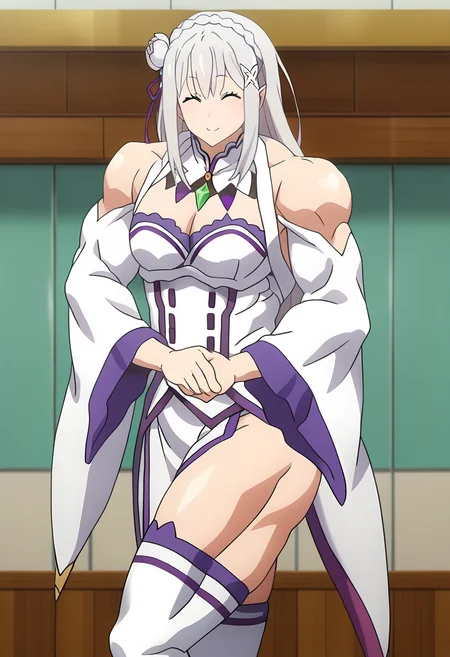 score_9, score_8_up, score_7_up, source_anime,
BREAK
<lora:shiSaidoV1:1>,
saidochesto, flexing, biceps, thick thighs, thick arms, manly, muscular, large pectorals, bara,
facing viewer, smile, closed mouth, closed eyes, indoors,
1girl, solo, anime screencap, anime coloring,
<lora:shiEmiliaV2:1> shimilia, long hair, grey hair, purple eyes, pointy ears, crown braid, hair flower, hair ribbon, purple ribbon, x hair ornament, white dress, cleavage, bare shoulders, wide sleeves, white thighhighs, thigh boots,