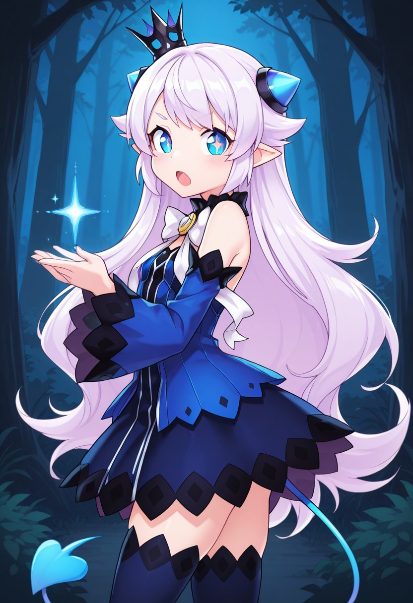 (masterpiece, best quality, highres, very aesthetic, very awa), 1 girl, Lubase, ElsLuBase, white hair, long hair, blue eyes, lu eyes, + +, pointy ears, lubase thighhighs, detached sleeves, lubase sleeves, lubase tail, LuBase dress, mini crown, LuBase bow, close up, looking at viewer, dark, forest, looking at viewer, open mouth, from side