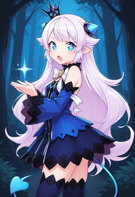 (masterpiece, best quality, highres, very aesthetic, very awa), 1 girl, Lubase, ElsLuBase, white hair, long hair, blue eyes, lu eyes, + +, pointy ears, lubase thighhighs, detached sleeves, lubase sleeves, lubase tail, LuBase dress, mini crown, LuBase bow, close up, looking at viewer, dark, forest, looking at viewer, open mouth, from side