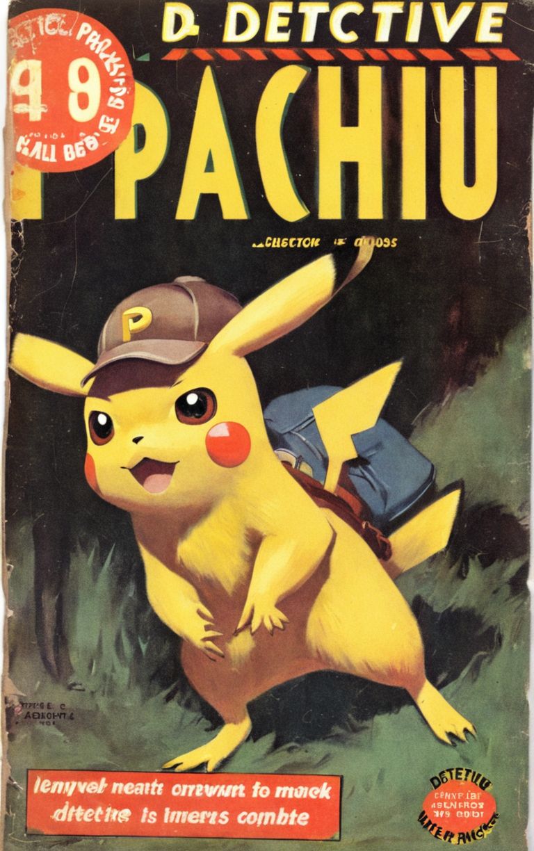 A pulp magazine cover featuring detective Pikachu  VintageMagStyle <lora:SDXL-VintageMagStyle-Lora:1>