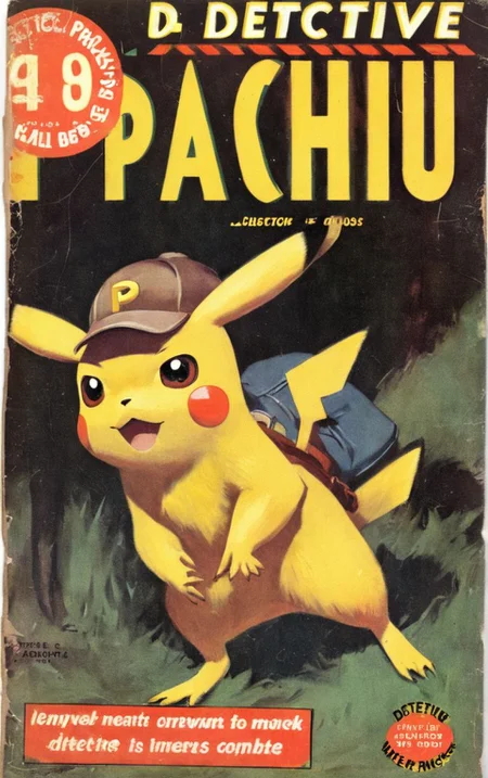 A pulp magazine cover featuring detective Pikachu VintageMagStyle <lora:SDXL-VintageMagStyle-Lora:1>