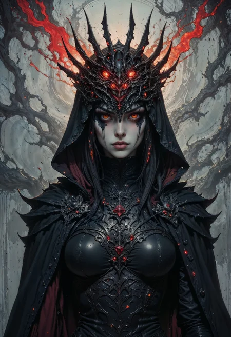 a dark, gothic style. The central subject is a woman with pale skin and striking red eyes, which emit a glowing effect. Her expression is intense and mysterious, with dark makeup accentuating her features. She wears a black, intricately detailed cloak adorned with metallic elements and red accents, suggesting a regal or warrior-like status. A jagged, black crown with red, fiery energy emanating from it sits atop her head, adding to the dramatic and otherworldly atmosphere. The background is a swirling mix of gray and white, enhancing the ethereal and ominous mood of the piece.