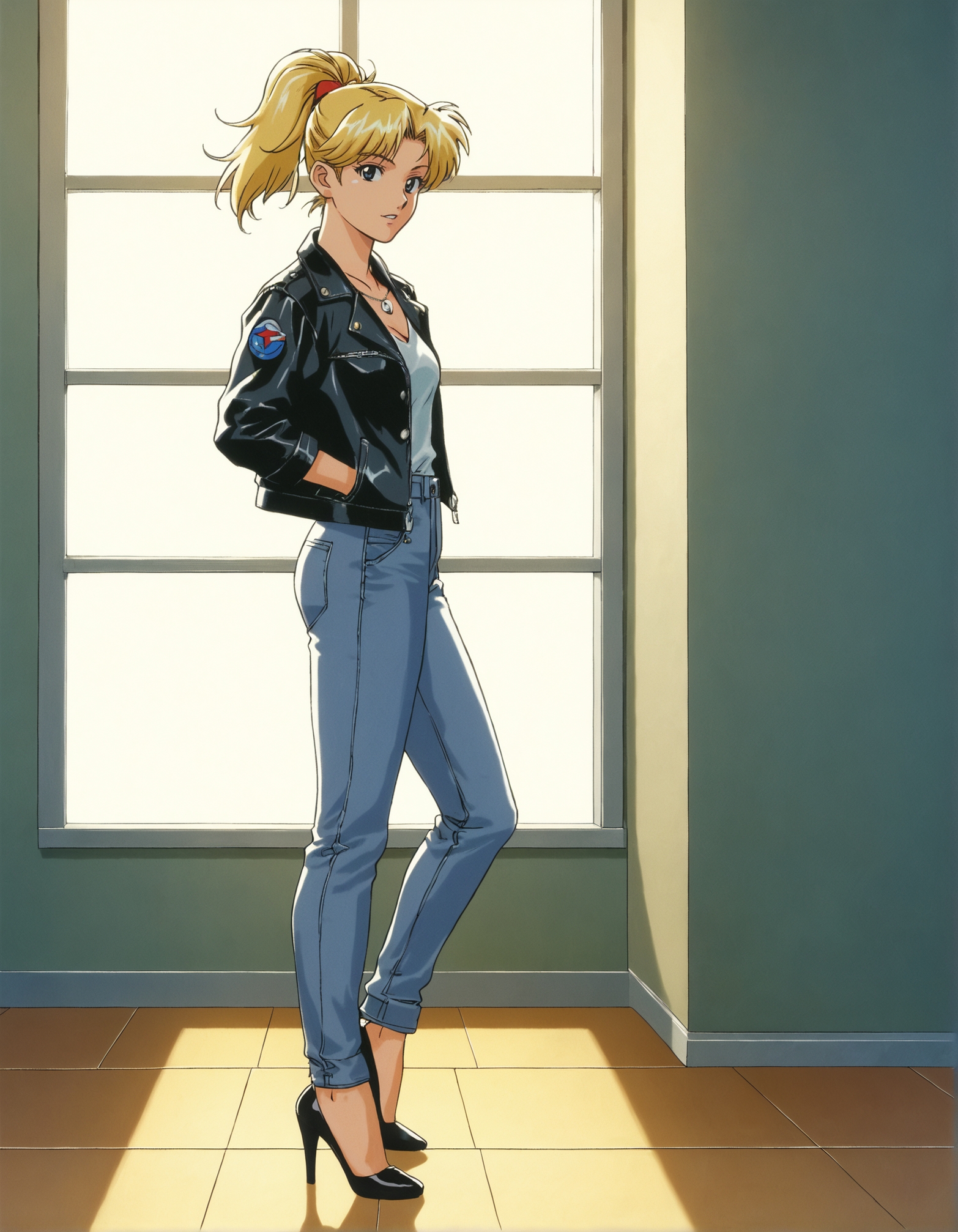 score_9, score_8_up, score_7_up,score_6_up,high resolution,lnf,1girl,solo,source_anime,retro,full body,,pov,from side,blonde hair,ponytail,jacket,pants,high heels,necklace,sunny,in bedroom,standing,looking at viewer,volumetric lighting,depth of field,rim lighting