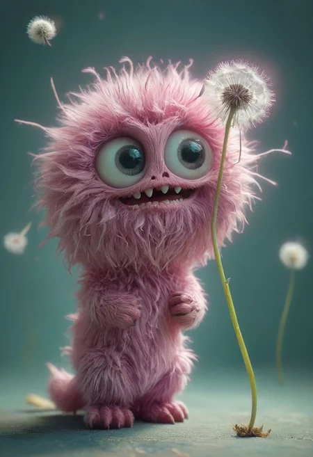 amazing quality, masterpiece, best quality, hyper detailed, ultra detailed, UHD, perfect anatomy, portrait, dof, hyper-realism, majestic, awesome, inspiring, - a fluffy Pastel magenta cute Monster with large friendly eyes Holding a dried dandelion to welcomijg Out Alien Nation friends.. with human perfect teeth and smile, cinematic composition, soft shadows, national geographic style,