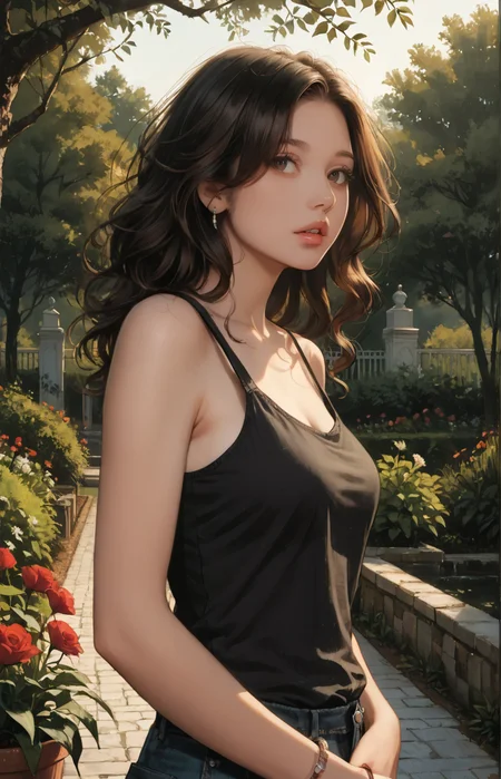 score_9_up, score_8_up, score_7_up, Casual, cell_shading, detailed, detailed background, masterpiece, best quality, highly detailed,
1woman,garden, dusk, trees,
BREAK
 roses, daisies, lilies, cobblestone,
BREAK
1 woman, black tank top, black wavy hair, parted lips, 
 <lora:PulenKompot-Camonome_Style:1> camonome <lora:t4tsXLP:0.6>