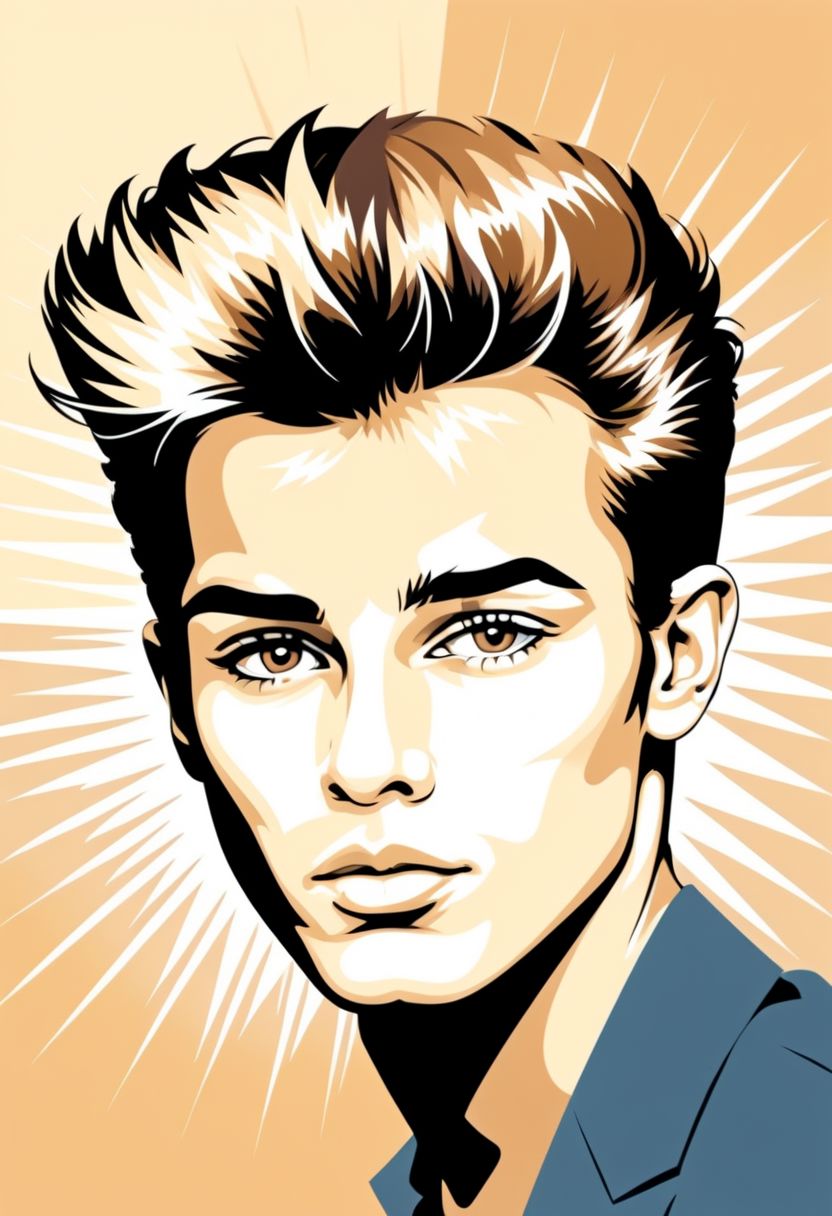 psztzz, 1boy, male focus, solo, pompadour, sunburst, sunburst background, portrait, limited palette, lips, looking at viewer, brown eyes, upper body, portrait, vector art, flat coloring, cel shaded, cel shading, illustration, vector illustration, vector coloring