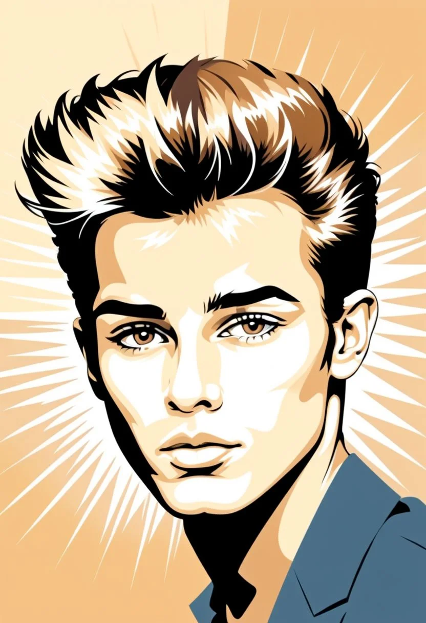 psztzz, 1boy, male focus, solo, pompadour, sunburst, sunburst background, portrait, limited palette, lips, looking at viewer, brown eyes, upper body, portrait, vector art, flat coloring, cel shaded, cel shading, illustration, vector illustration, vector coloring