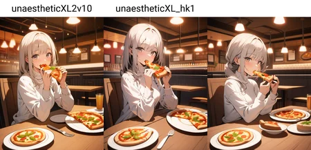 1girl, white shirt, long sleeves, turtleneck, sitting, looking at viewer, eating, pizza, plate, fork, knife, table, chair, table, restaurant, cinematic angle, cinematic lighting, masterpiece, best quality