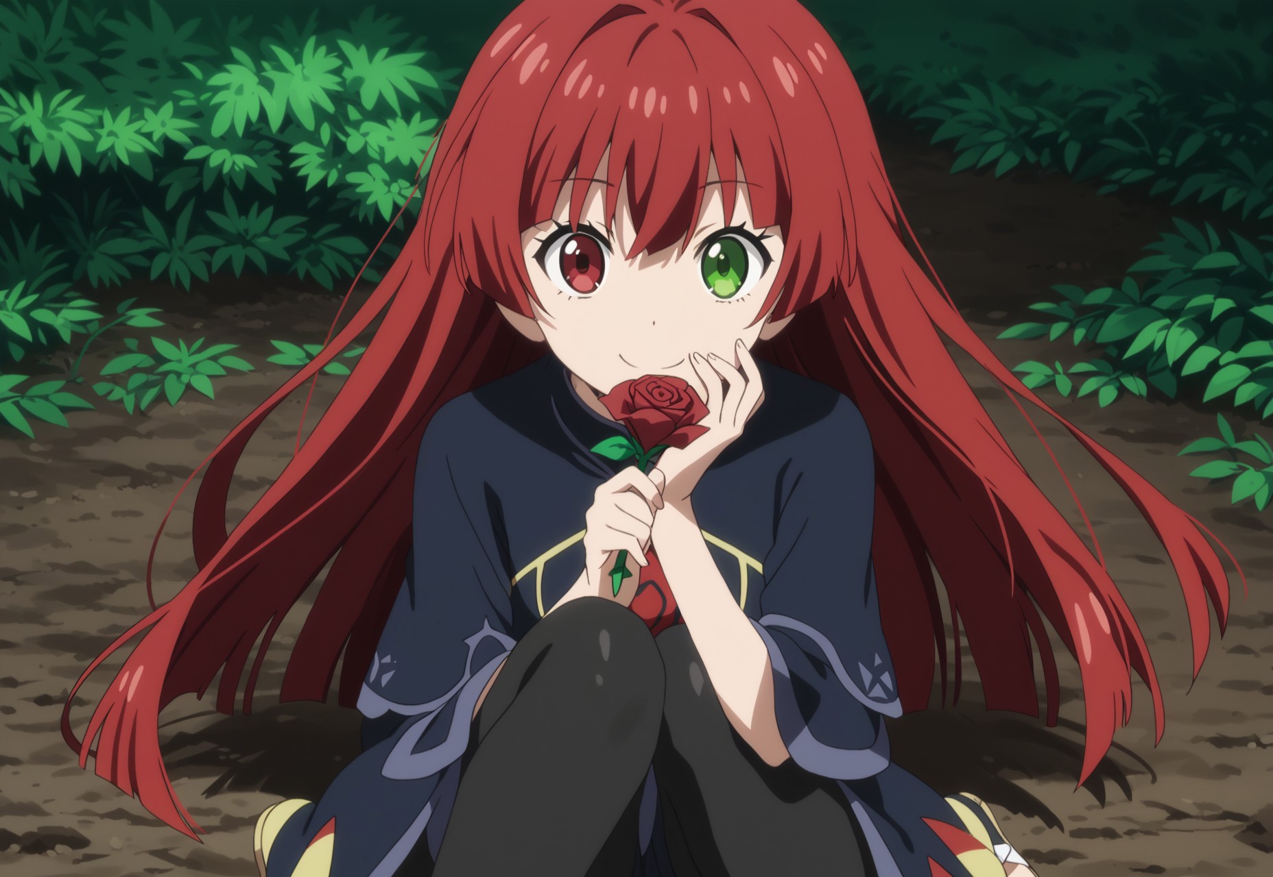 safe_pos, safe_pos, Style: Anime style, original anime style, anime graphics, anime, anime source, clean lines, smooth gradients, smooth shading, typical anime style
BREAK
Quality: , score 9, score 8 high, colorful, highest quality, 8k resolution, high-end resolution, perfect picture, masterpiece
Masterpiece, best quality, anime source, anime colors, detailed details, intricate details, anime scene,
BREAK
Person: a girl,, extremely short stature, small body , waist-length hair, long hair, hair down to hips, straight hair, bright red hair, hair down, heterochromia (left green and right red), , thin, very petite, incredibly cute, masterpiece, best quality, very aesthetic, detailed face, petite figure, small breasts, straggly bangs,  infinitely cute, she is the epitome of cuteness, big eyes, <red and green eyes>
BREAK

Setting:

Sitting, dark blue dress, black tights, white sandals, hair blowing in the wind, holding red rose in hand, holding rose in front of mouth, gentle smile, in forest clearing, beautiful play of light, leaves flying in the wind, white underpants under tights, face fokus