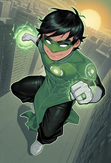 masterpiece, absurdres, high quality, perfect anatomy, 1boy, solo, cute boy, male focus, TaiPham, Black Hair, Green Lantern Ring, Green Lantern Costume, Green and Black Bodysuit, Green Domino Mask, White Eyes, White Gloves, Pelvic Curtain, Black Pants, White Shoes, Glowing Green Outline, Green Energy Aura, floating, levitating, big smile, cinematic, intricately detailed illustration, depth of field, masterpiece, best quality, amazing quality, very aesthetic, absurdres, newest, very awa,  shadow, dynamic angle, casual cosplay, dynamic pose, simple background, green theme, flying, city, sunset,